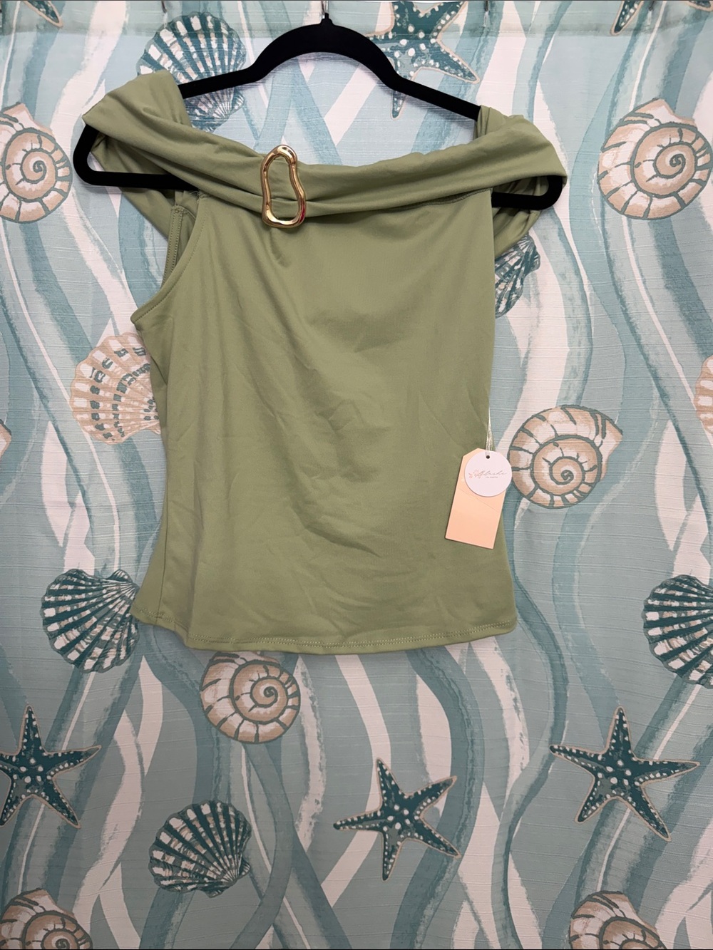 Olive Green Off-Shoulder Tank with Gold Accent